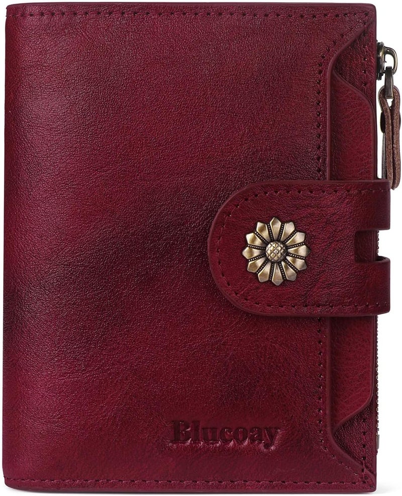 Blucoay Wallet Women,RFID Blocking Real Leather Womens Wallet Bifold Compact Card Holder Small Wallet for Women with Removable ID Window Red - Image 1